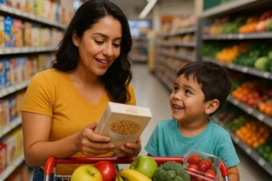 Mamá y niño comprando en el súper. Niños Sanos, Comidas Inteligentes